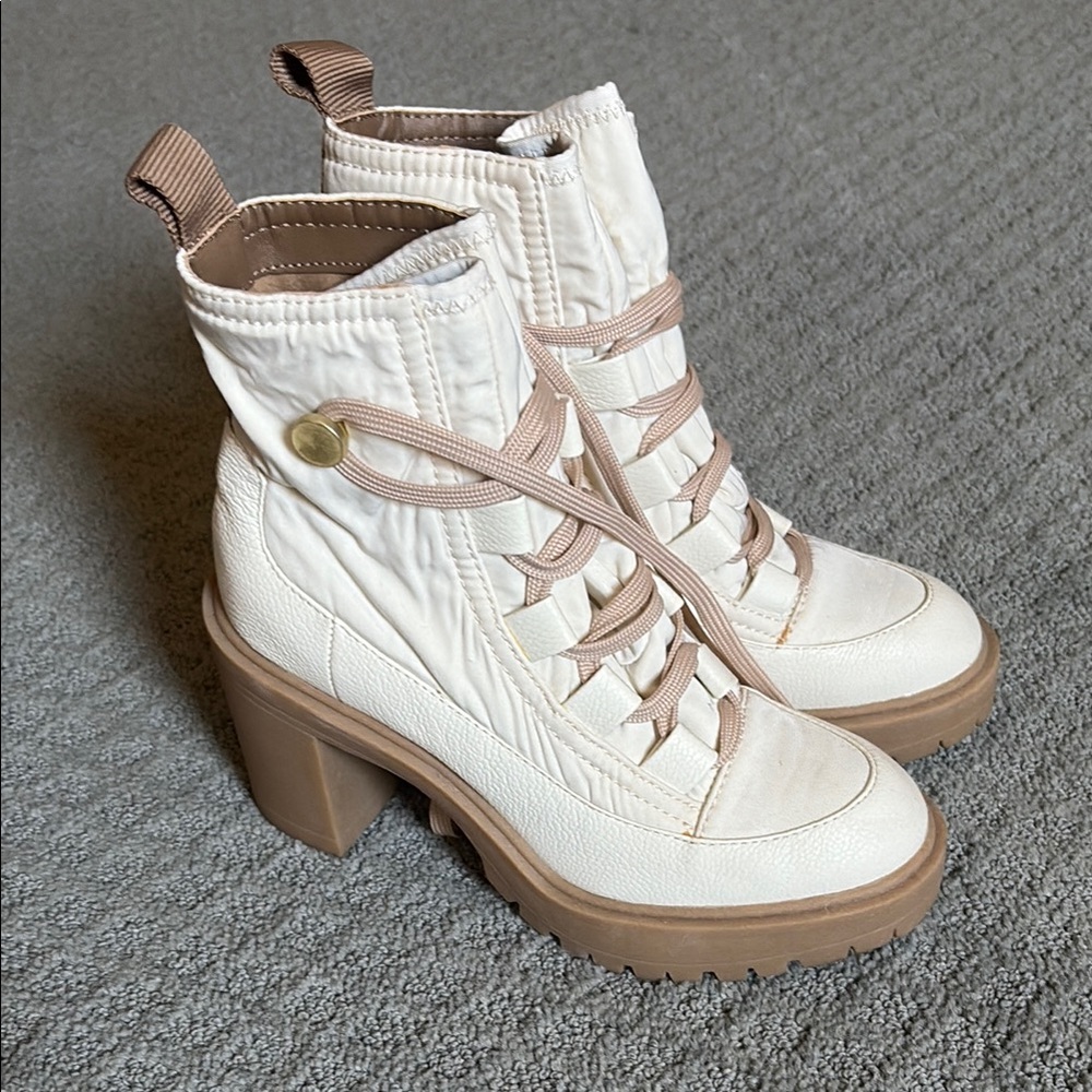 Dolce Vita Cream Tan Heeled Boots with Quilted Design
